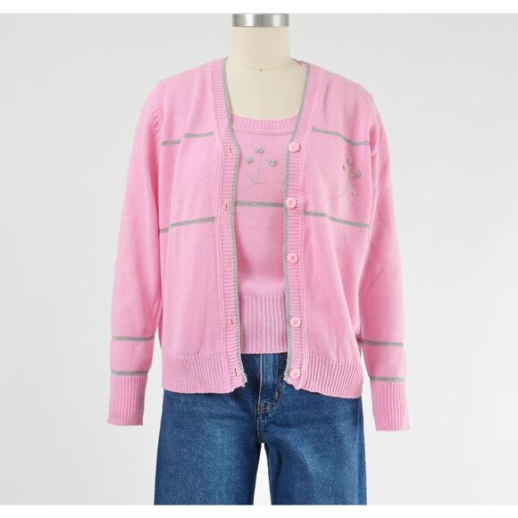 Vintage 60s Pink Two Piece Sweater Set Floral Vest Button Down Cardigan XS S - Picture 3 of 9